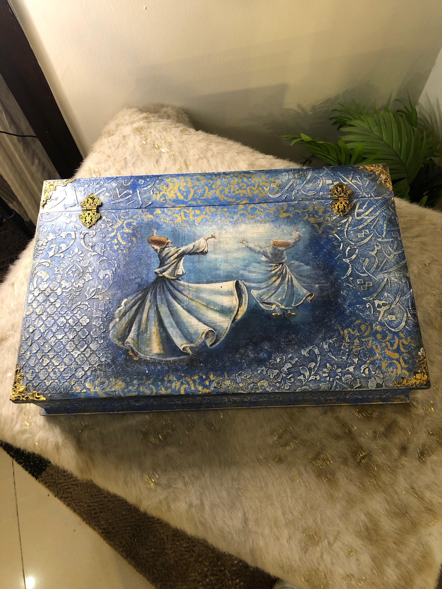 Decor Box - Decoupage textured art stenciling - Mystic Dervish Wooden Treasure Box with Dividers