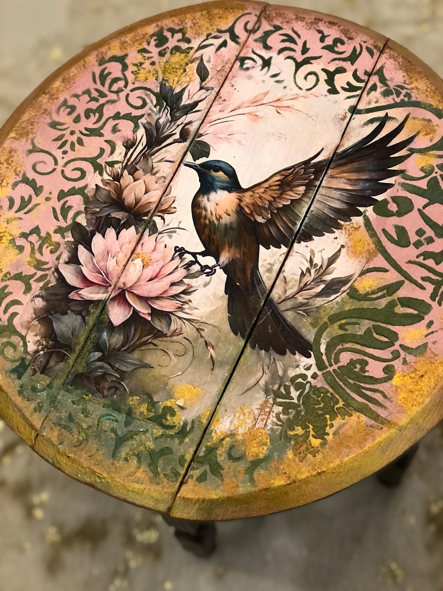 Wood Table - Hand-Painted Bird Design Round Table