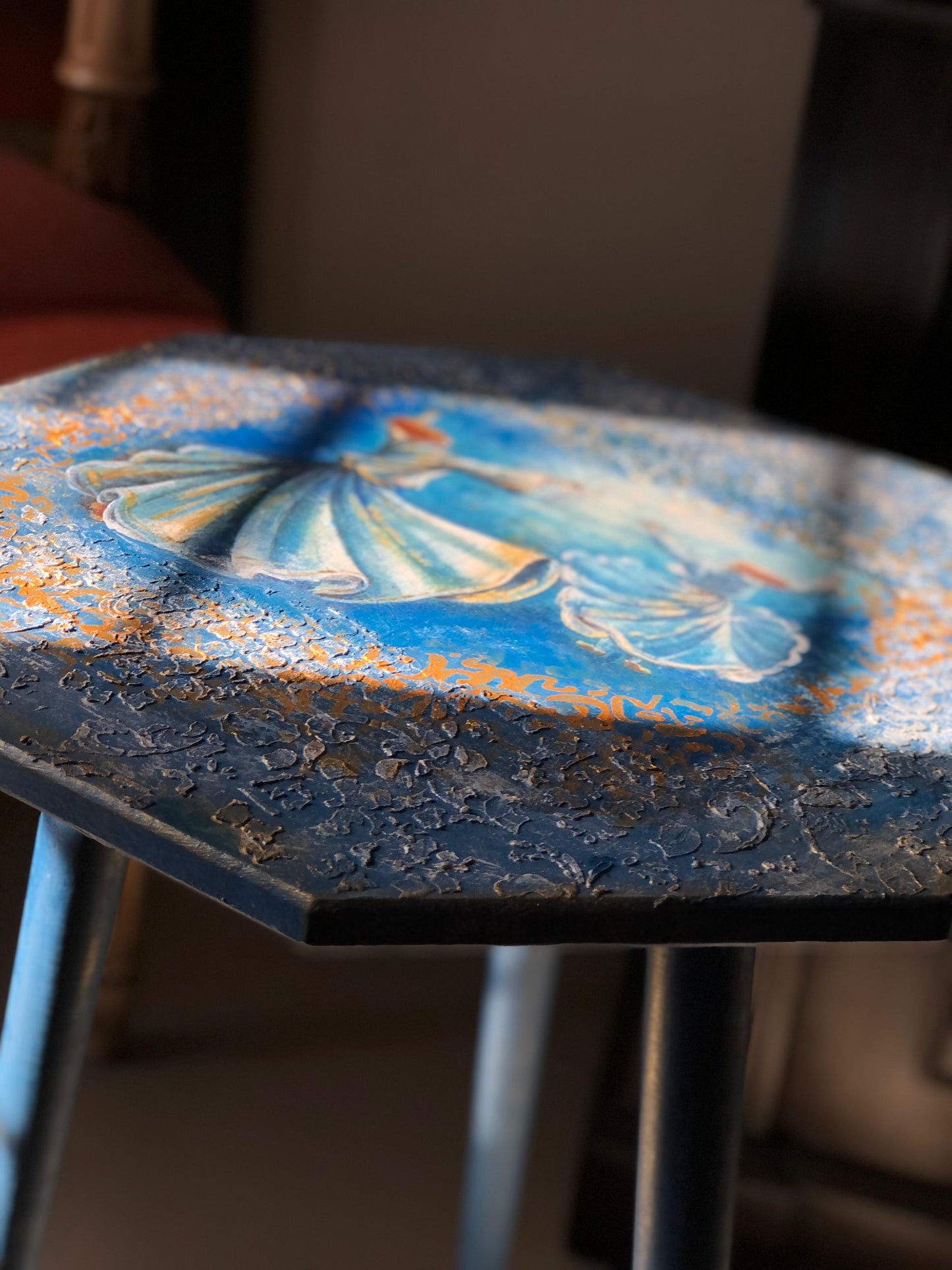 Wood Table - Handcrafted Wooden Octagon Table – Twin Sufi Dancers in Blue with Tri-Leg Stand