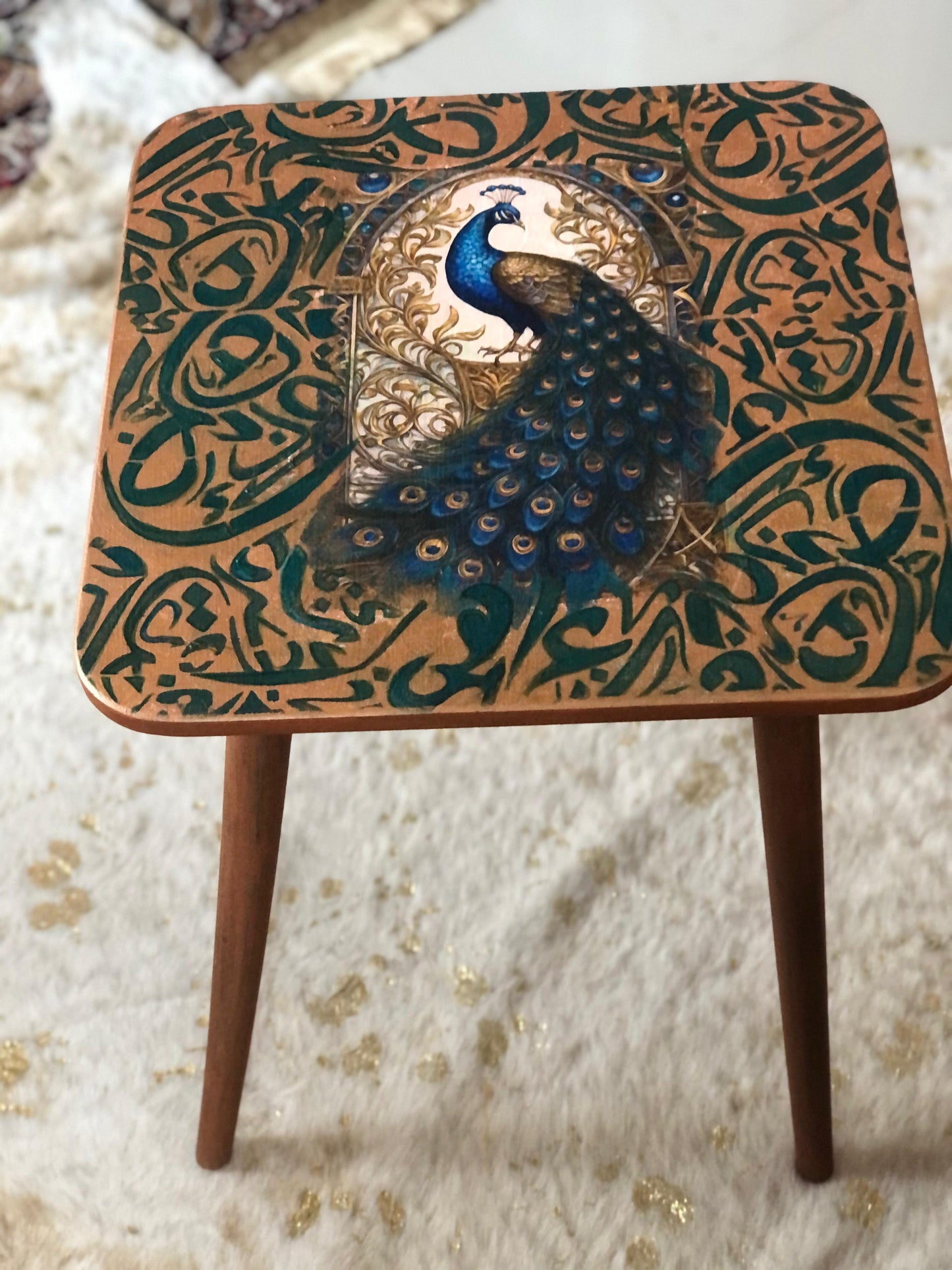 Wood Table - Handcrafted Wooden Square Table – Brown Finish with Blue Peacock Design & Three-Leg Stand