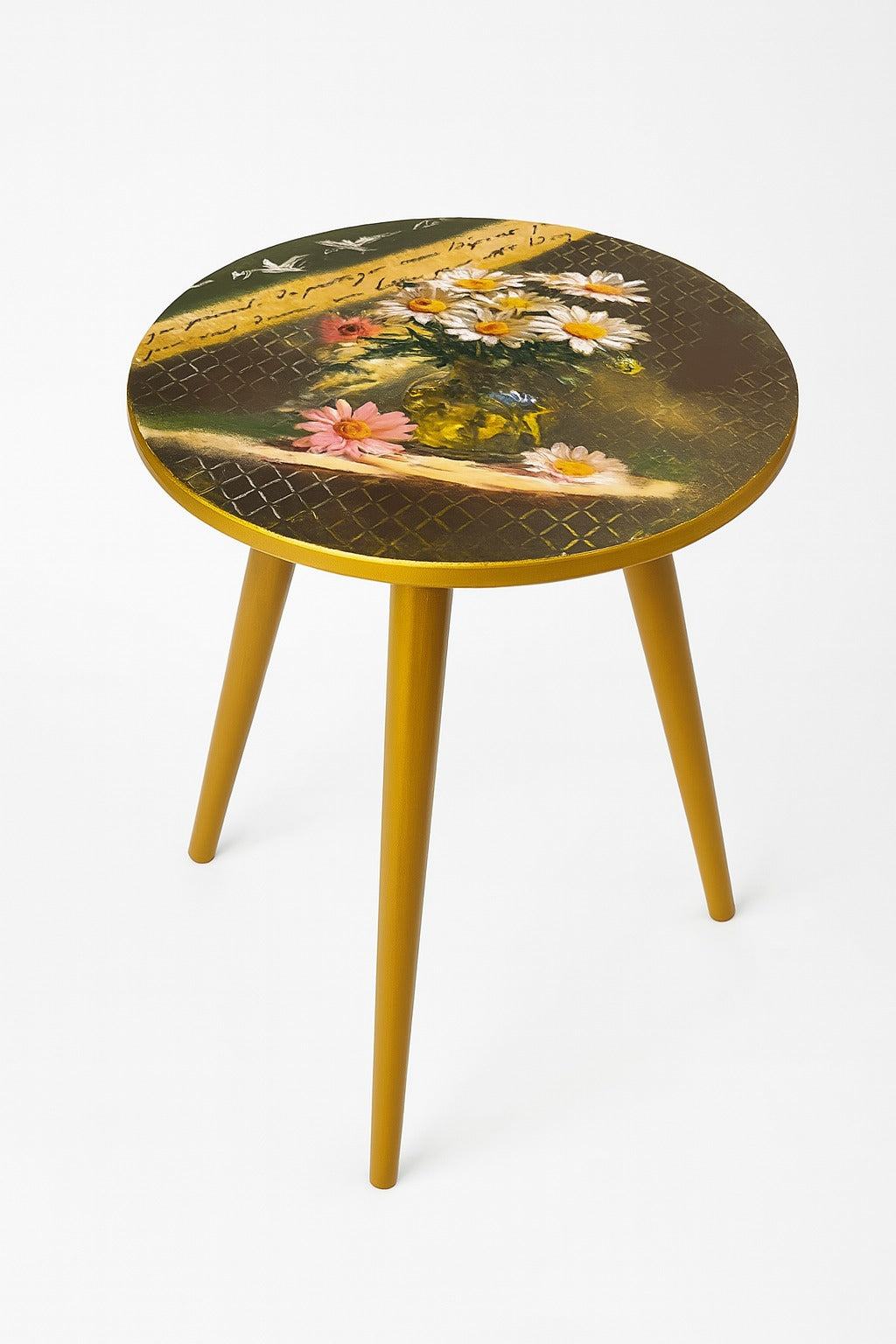 Wood Table - Hand-Painted Roses Pot Design Round Table