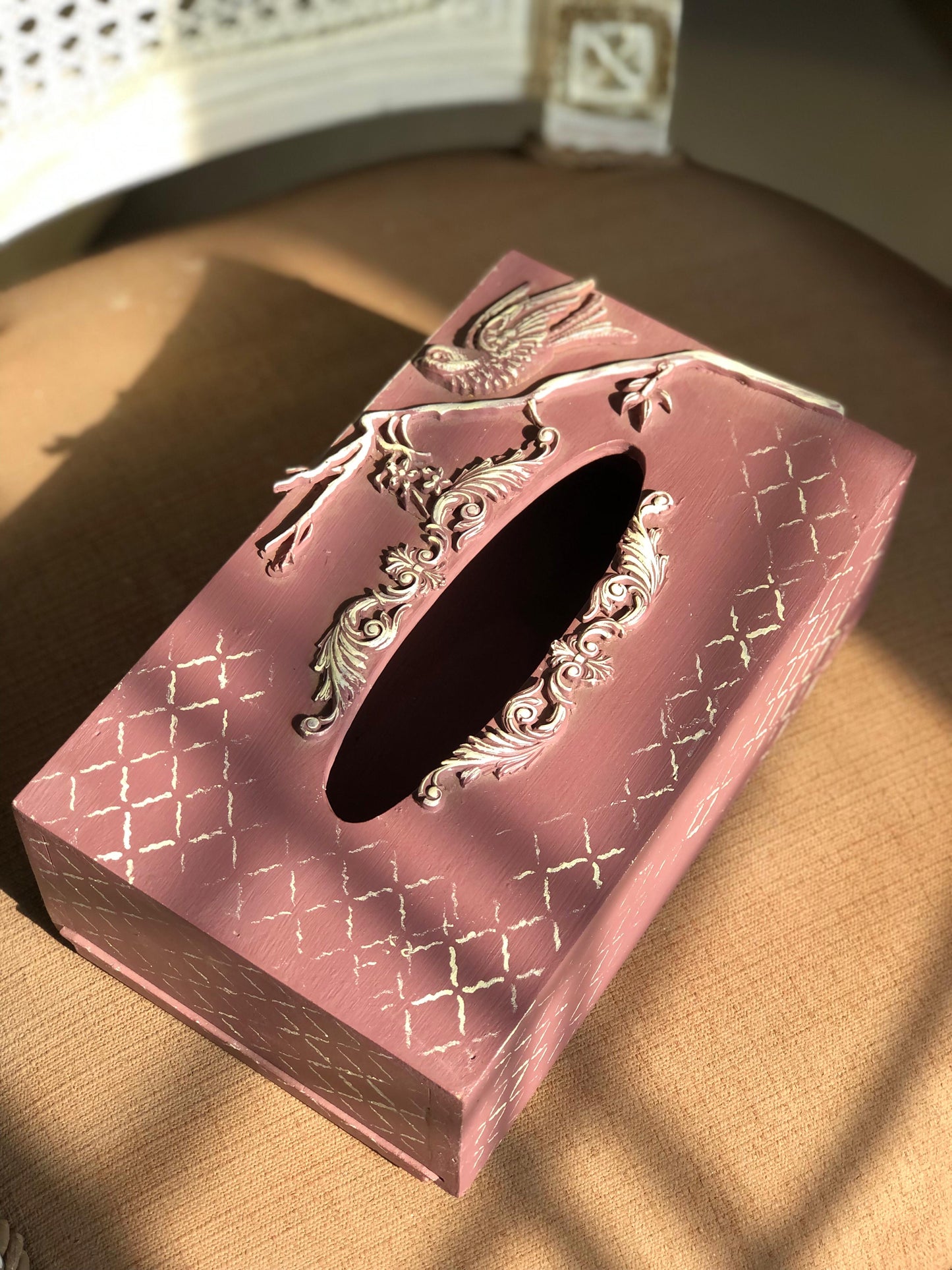 Hand-Painted Wooden Tissue Box - Mauve Geometric Bird Artwork