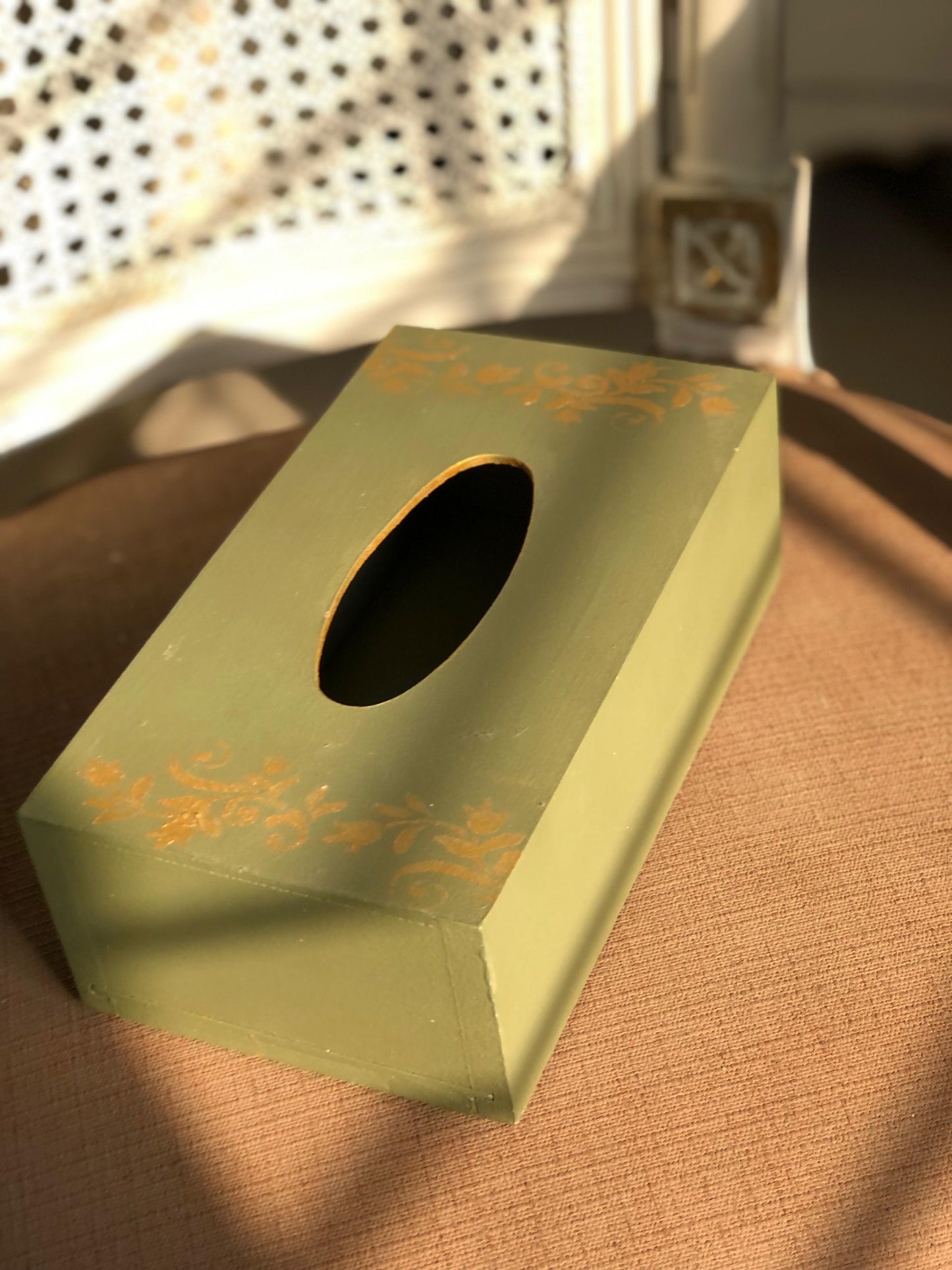 Hand-Painted Wooden Tissue Box | Rustic Olive Green & Gold Decor