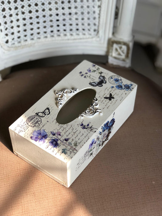 Hand-Painted Wooden Tissue Box - Vintage Violet Butterfly