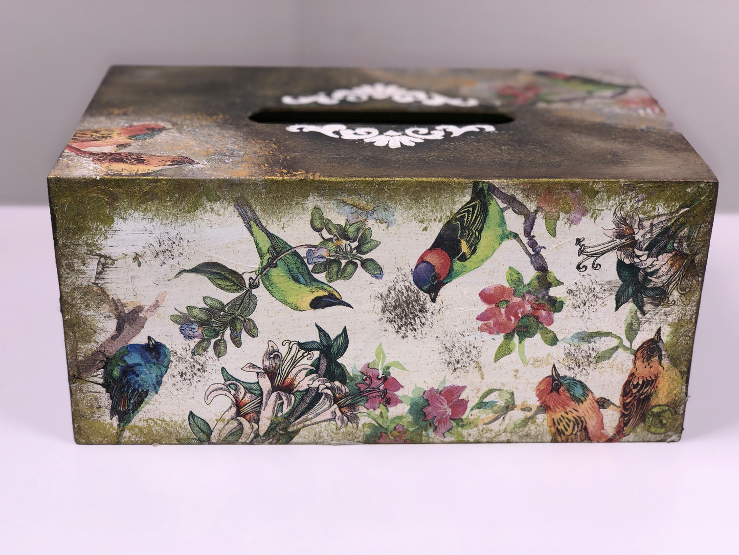 Hand-Painted Wooden Tissue Box - Rustic Bird Garden
