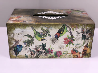 Hand-Painted Wooden Tissue Box - Rustic Bird Garden