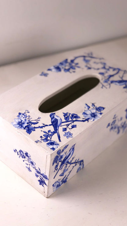 Classic Blue and White Bird & Floral Tissue Box - Porcelain Look