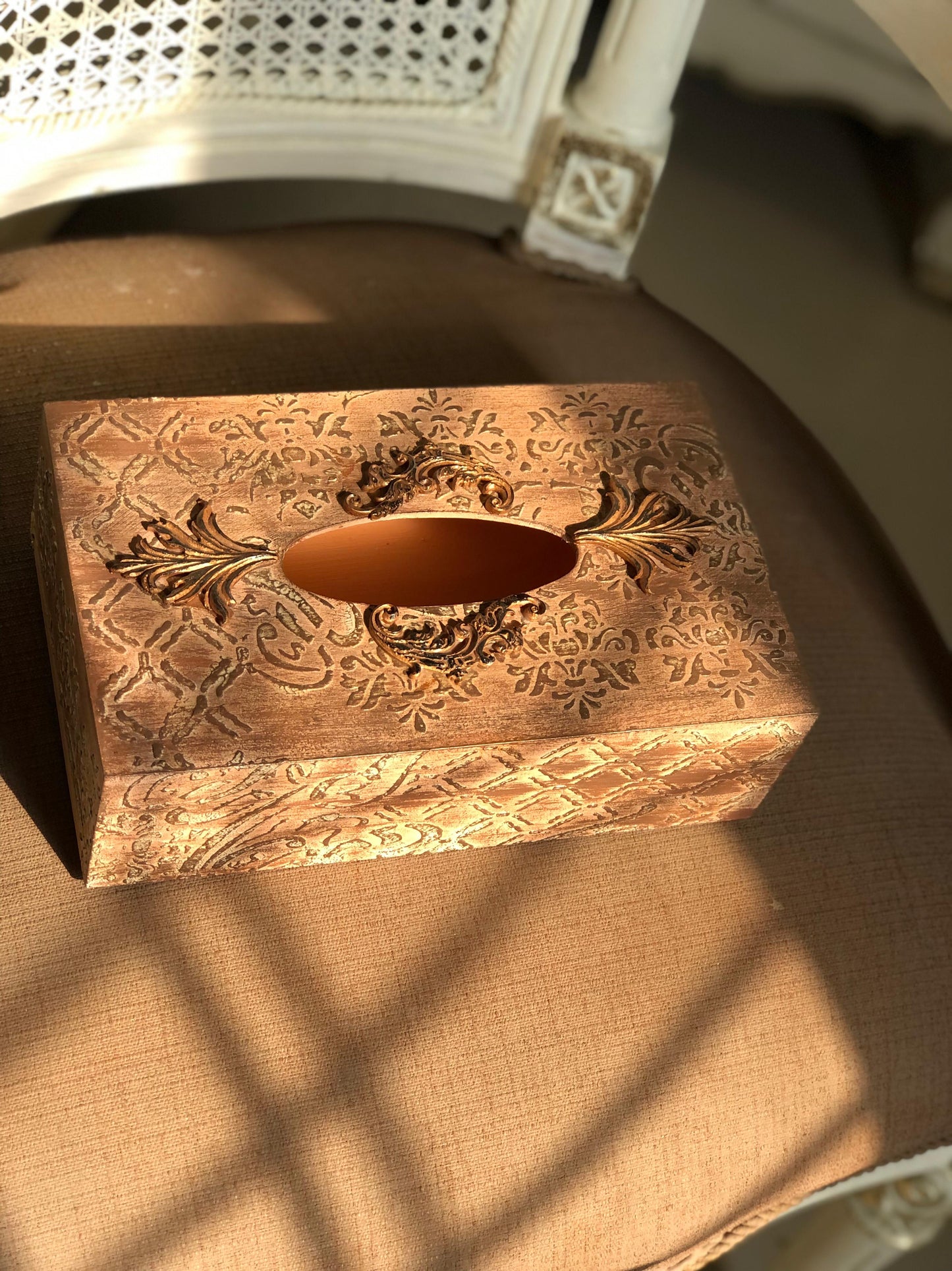 Hand-Painted Wooden Tissue Box - Embossed Copper Filigree