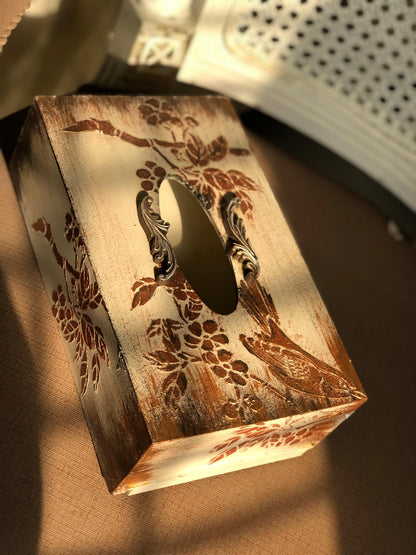 Hand-Painted Wooden Tissue Box - Distressed Rustic Bird Stencil
