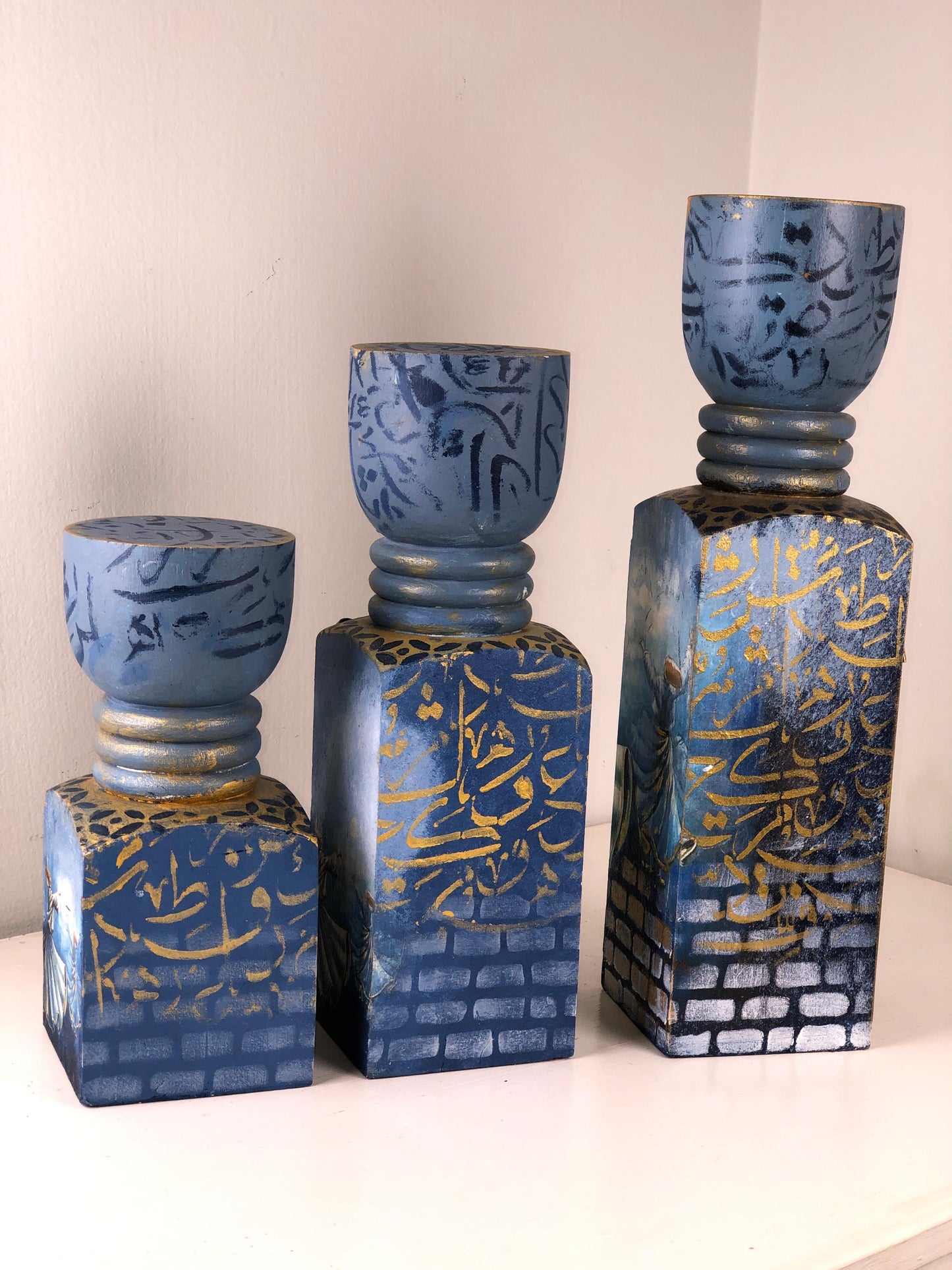 Handcrafted Blue Wooden Candle Stands with Arabic Calligraphy – Islamic Art Home Décor Set (3 Pieces)