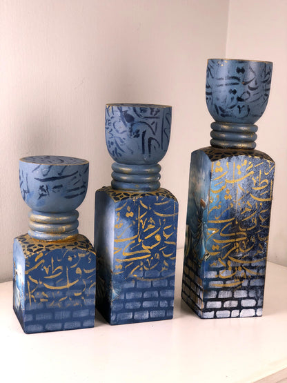 Handcrafted Blue Wooden Candle Stands with Arabic Calligraphy – Islamic Art Home Décor Set (3 Pieces)