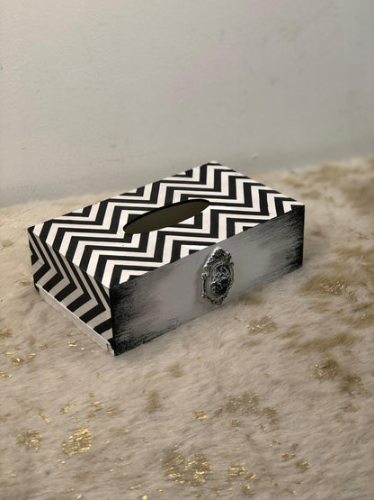 Hand-Painted Wooden Tissue Box - Modern Chevron & Medallion