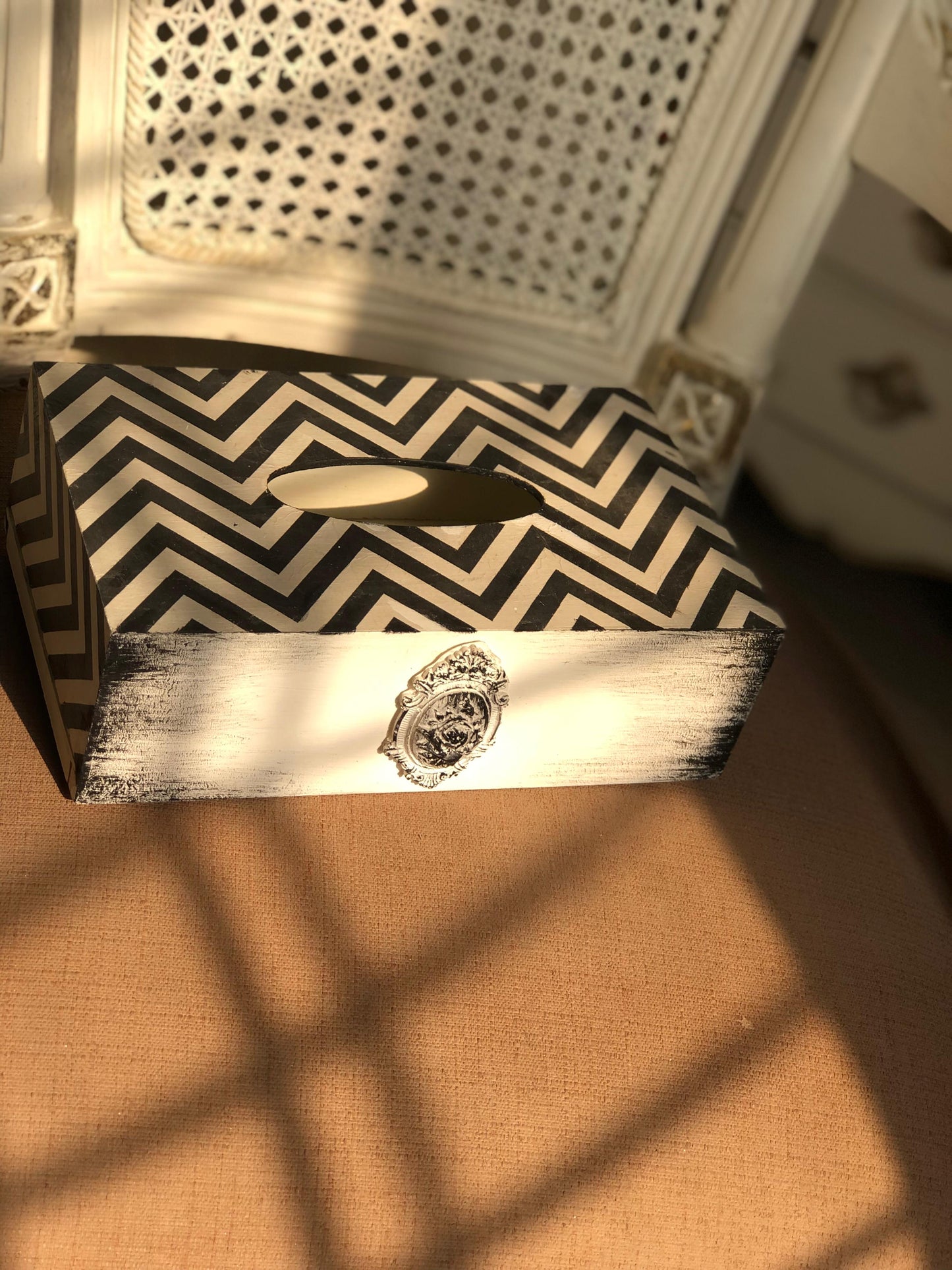 Hand-Painted Wooden Tissue Box - Modern Chevron & Medallion