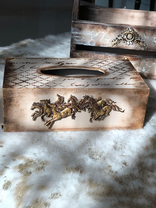 Unique Hand-Distressed Tissue Box with Horse Sculpture Accent