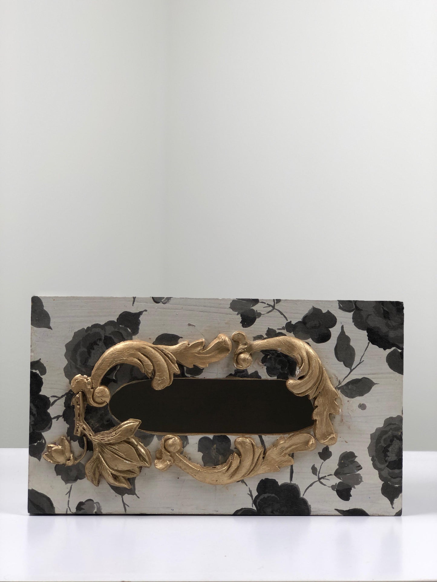 Hand-Painted Wooden Tissue Box - Monochrome Floral Gold Accents