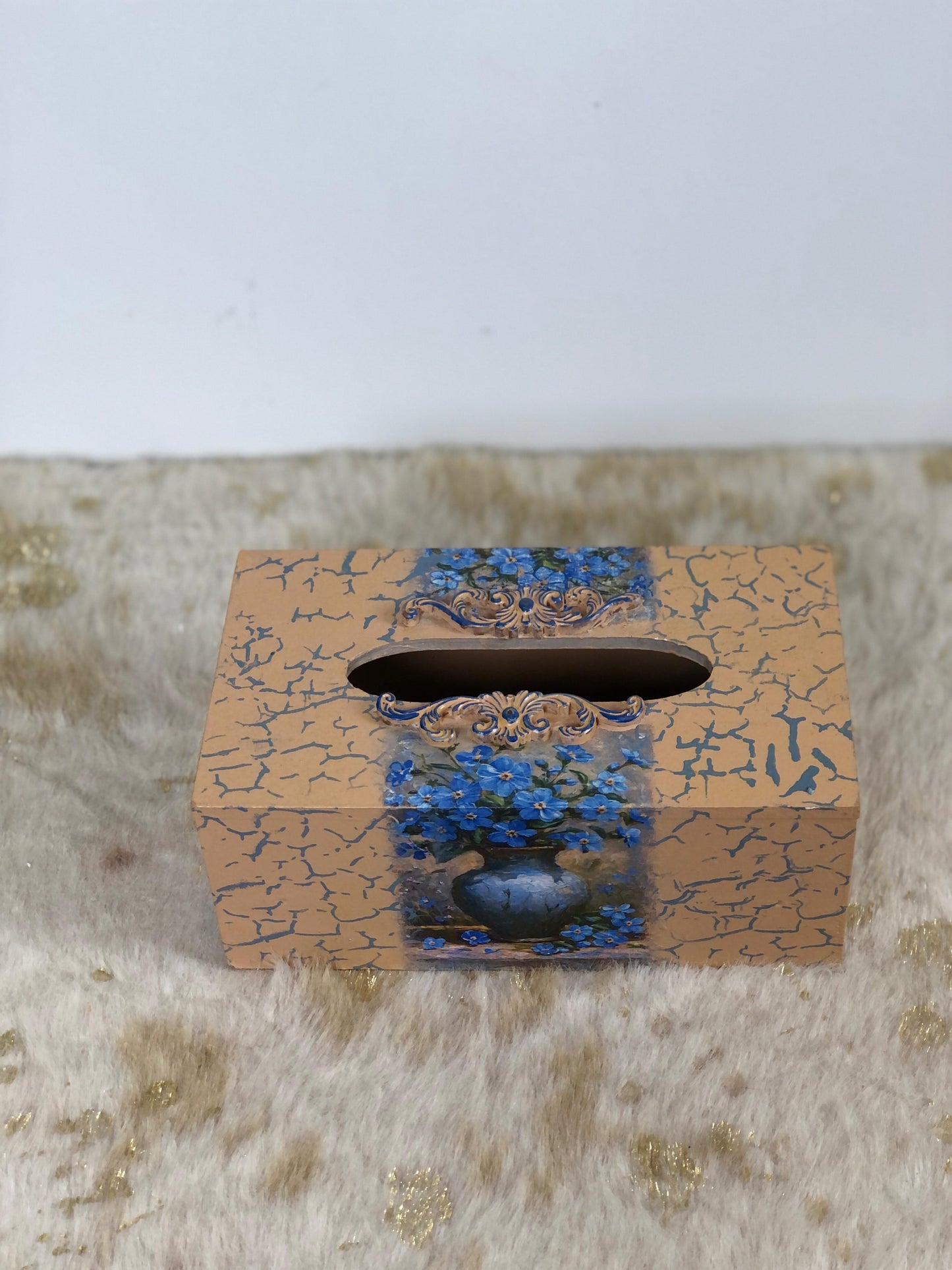 Hand-Painted Wooden Tissue Box - Crackle Finish Blue Decoupage