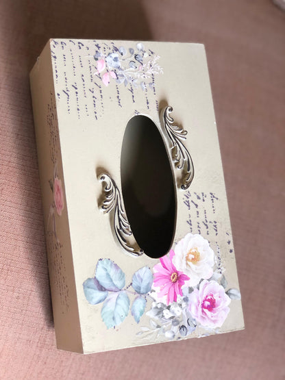 Hand-Painted Wooden Tissue Box - Classic Floral Script