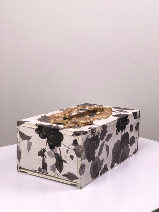 Hand-Painted Wooden Tissue Box - Monochrome Floral Gold Accents