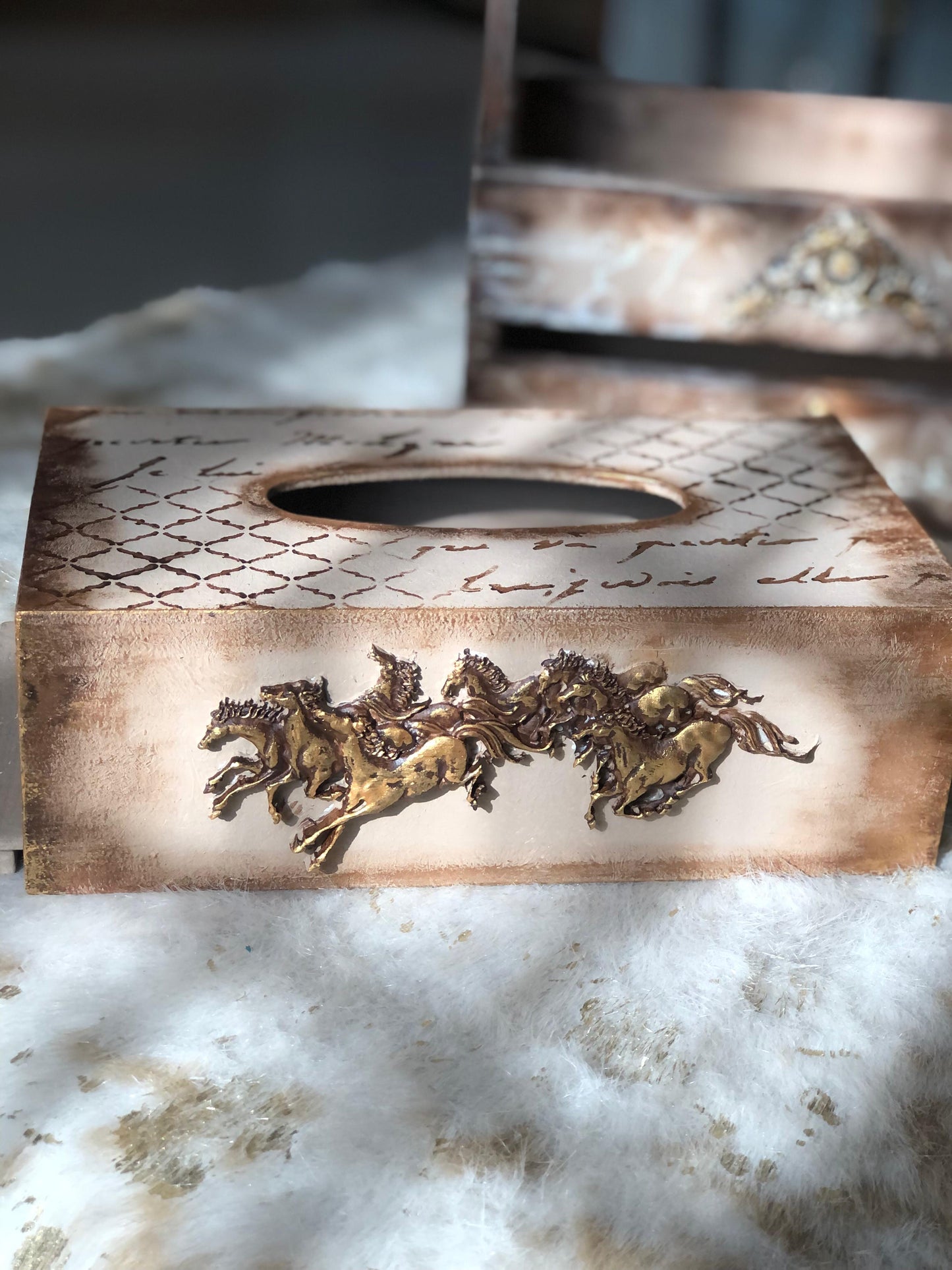 Unique Hand-Distressed Tissue Box with Horse Sculpture Accent