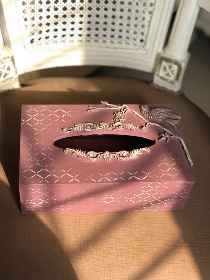 Hand-Painted Wooden Tissue Box - Mauve Geometric Bird Artwork