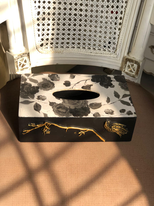 Hand-Painted Wooden Tissue Box | Goth Black & White Rose and Gold Bird