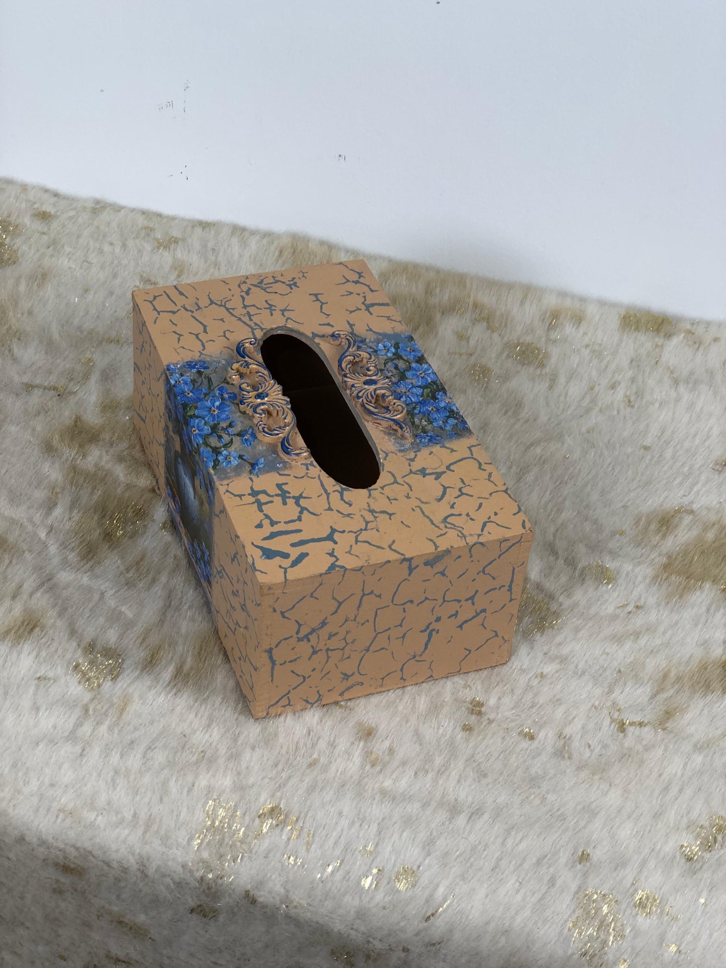 Hand-Painted Wooden Tissue Box - Crackle Finish Blue Decoupage