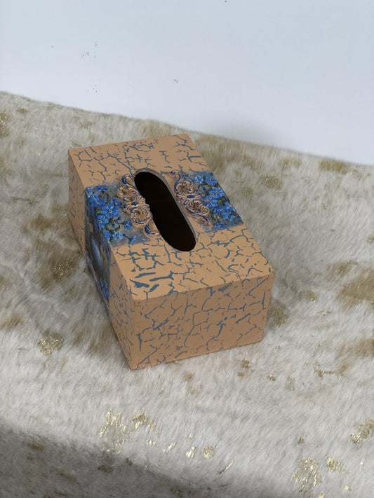 Hand-Painted Wooden Tissue Box - Crackle Finish Blue Decoupage