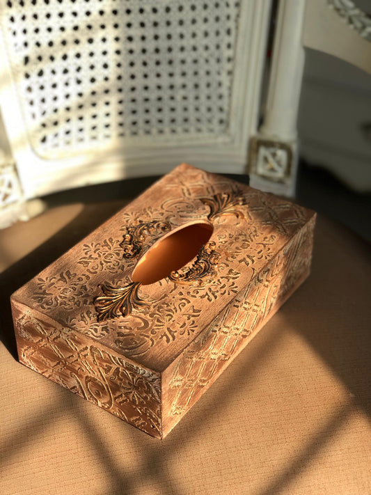 Hand-Painted Wooden Tissue Box - Embossed Copper Filigree