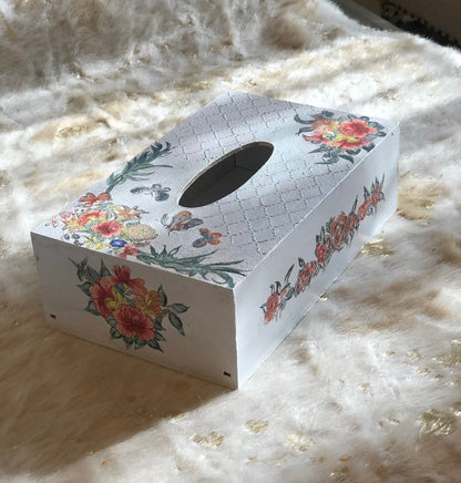 Hand-Decorated Wooden Tissue Box Cover - Floral & Butterfly Decoupage