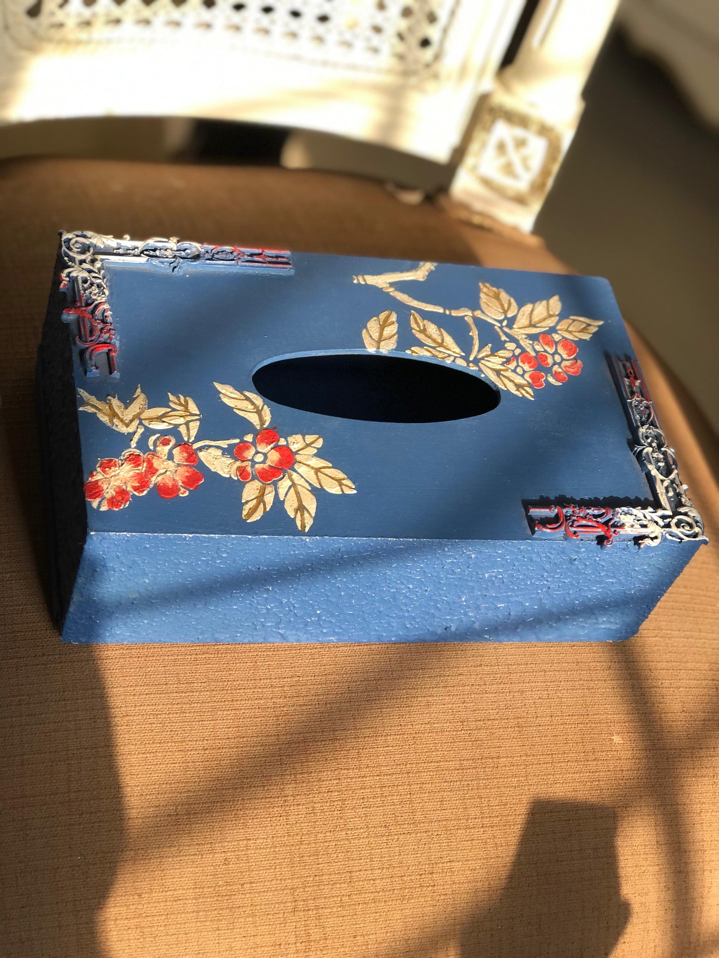 Hand-Painted Wooden Tissue Box | Chinoiserie Blue Floral Accent Decor