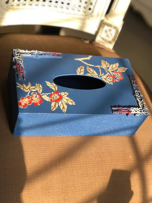 Hand-Painted Wooden Tissue Box | Chinoiserie Blue Floral Accent Decor