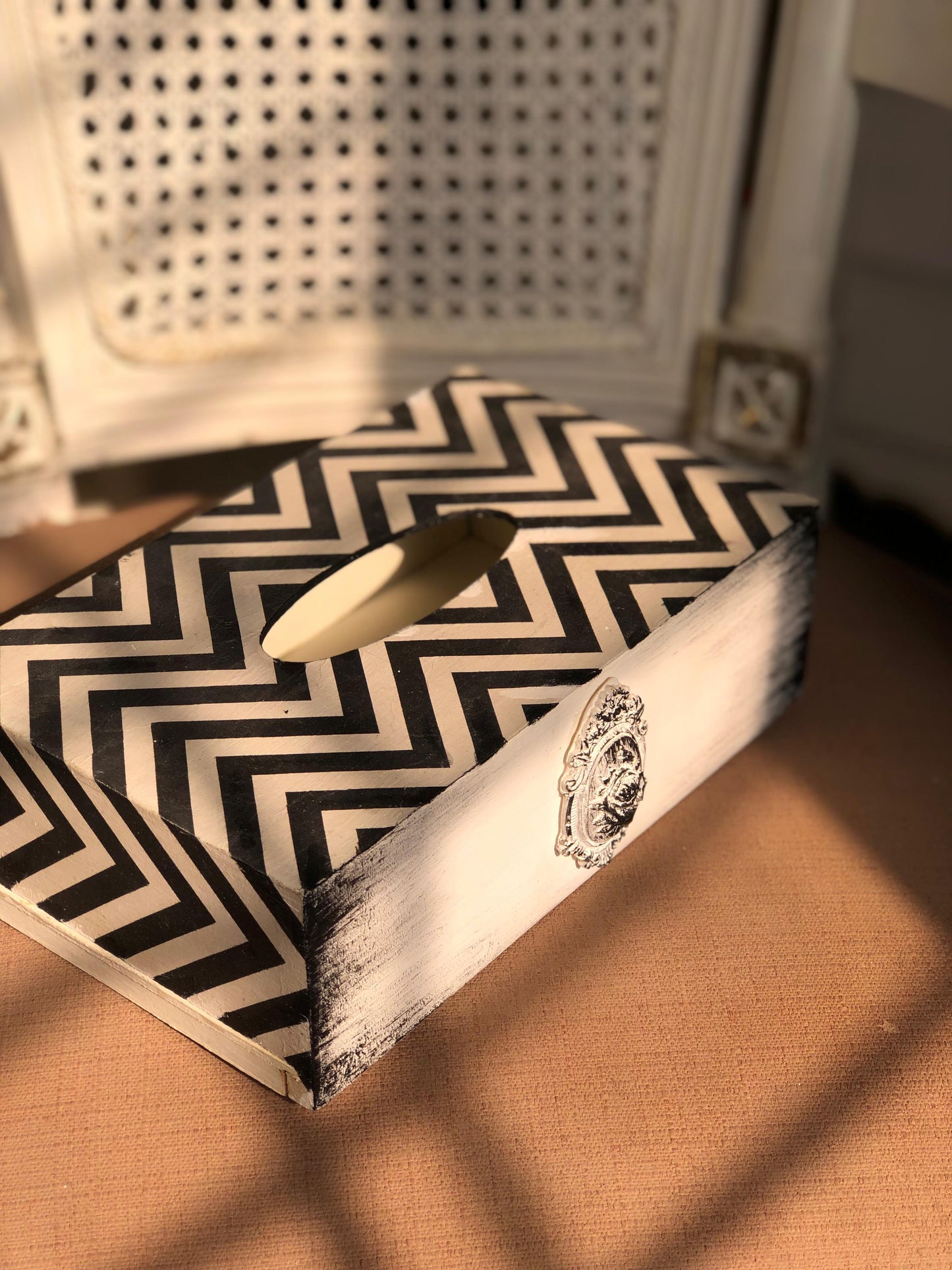 Hand-Painted Wooden Tissue Box - Modern Chevron & Medallion