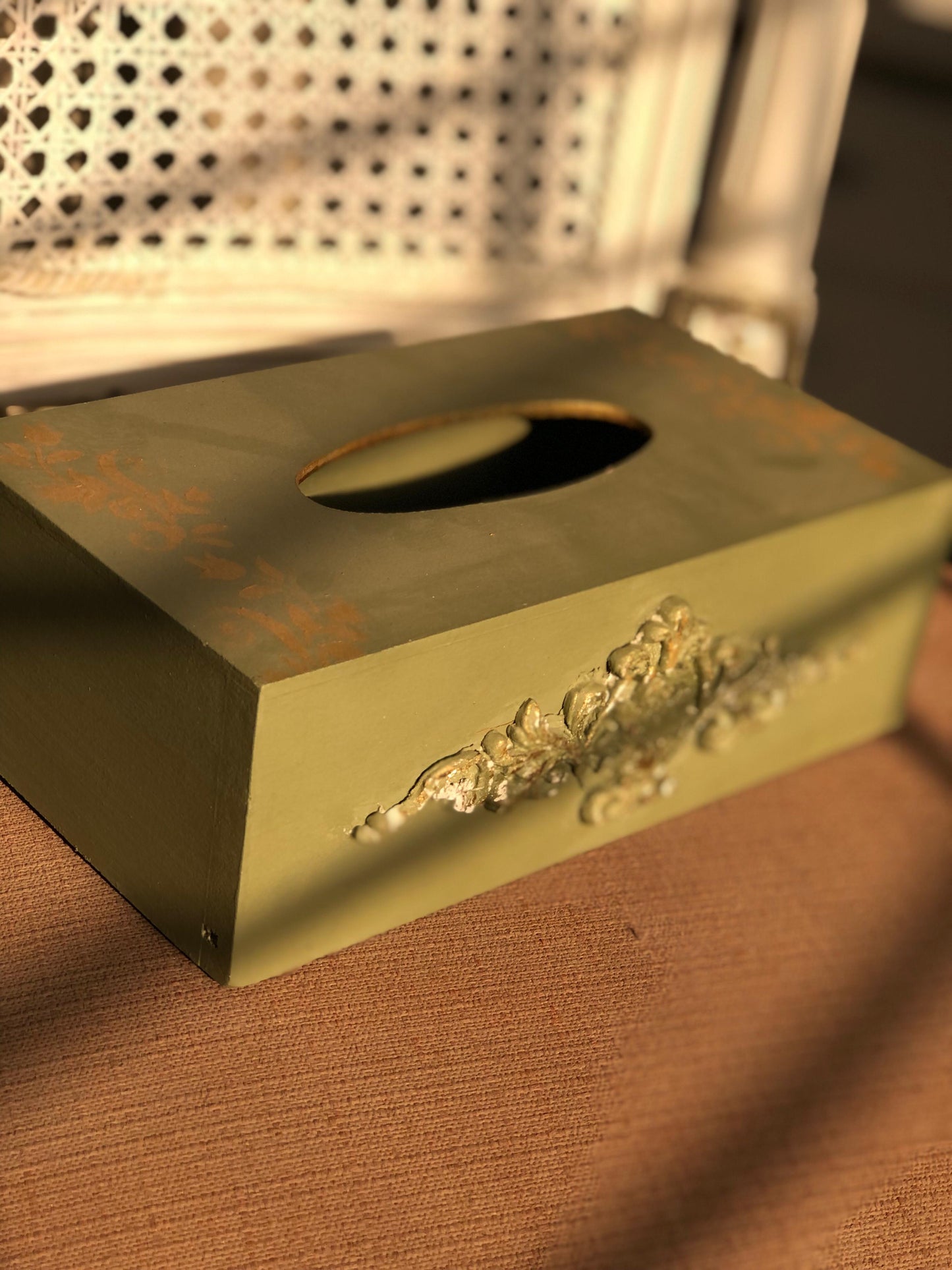 Hand-Painted Wooden Tissue Box | Rustic Olive Green & Gold Decor