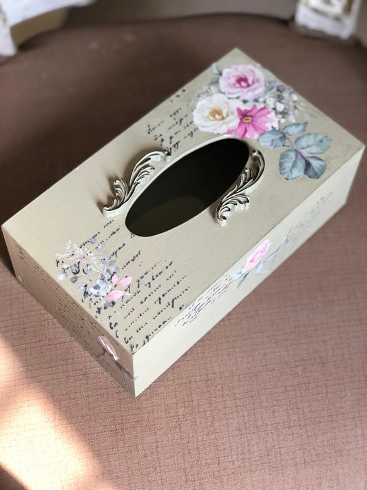 Hand-Painted Wooden Tissue Box - Classic Floral Script