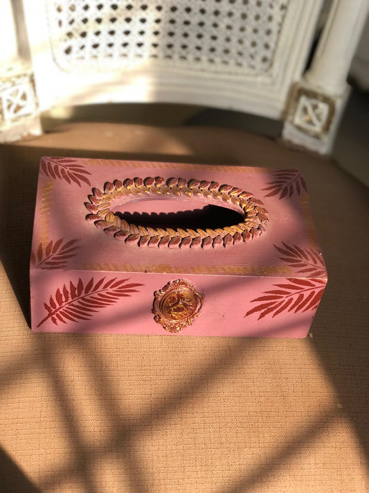 Hand-Painted Wooden Tissue Box - Pink Tropical Palm Medallion