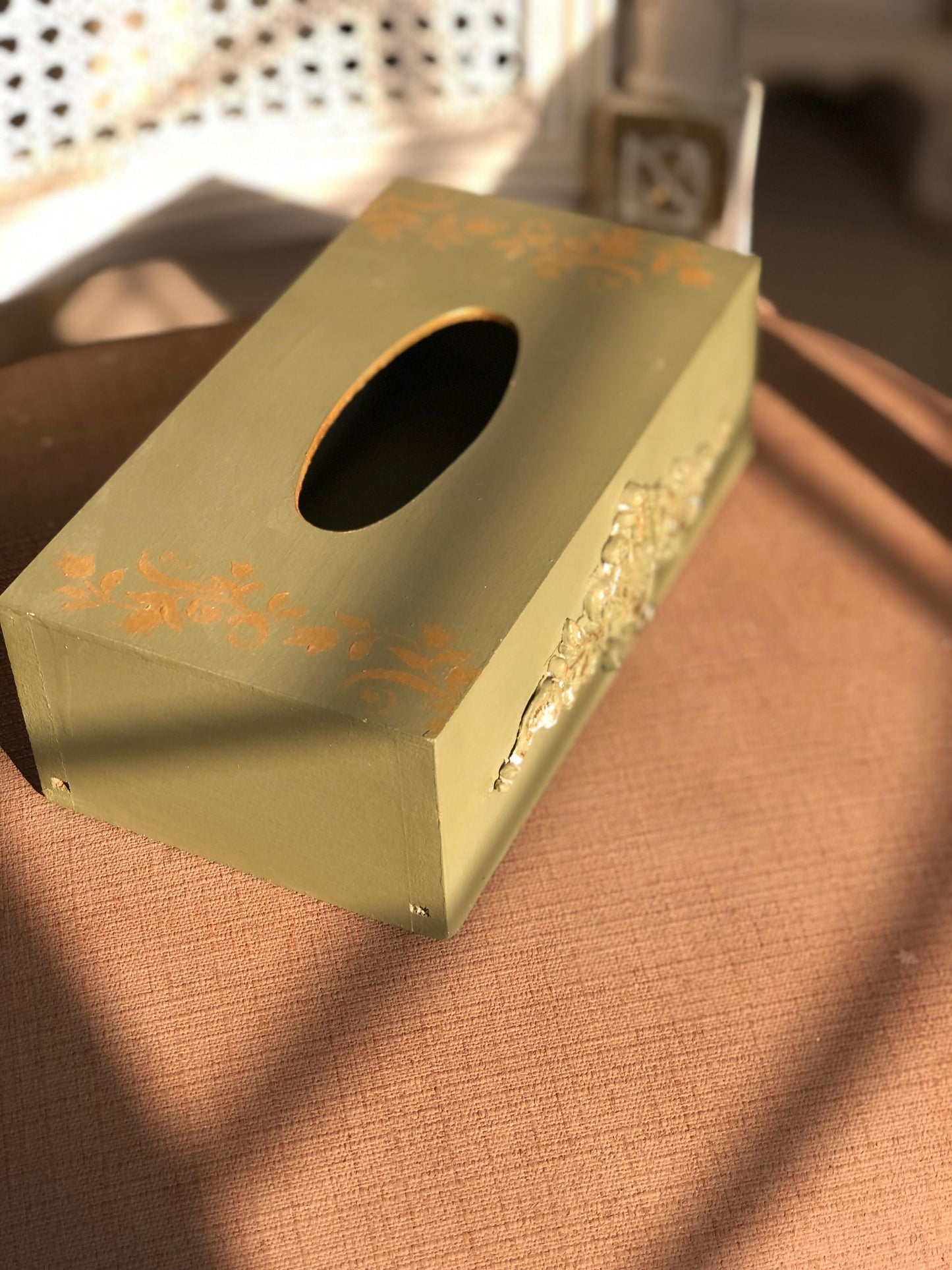 Hand-Painted Wooden Tissue Box | Rustic Olive Green & Gold Decor
