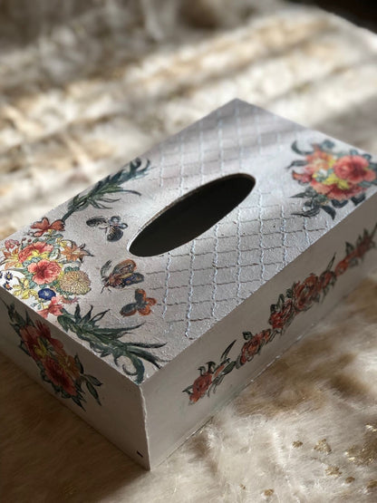 Hand-Decorated Wooden Tissue Box Cover - Floral & Butterfly Decoupage