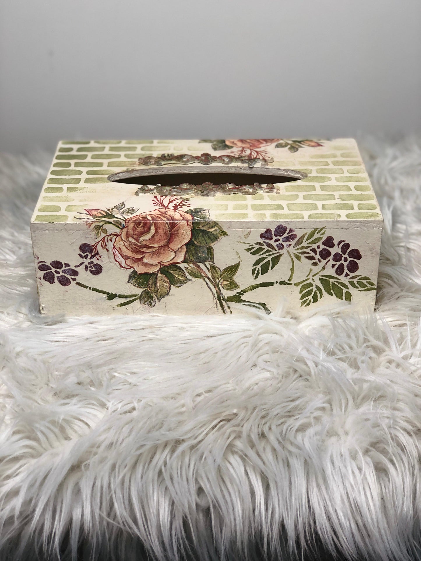 Hand-Painted Wooden Tissue Box - Shabby Chic Mosaic Rose