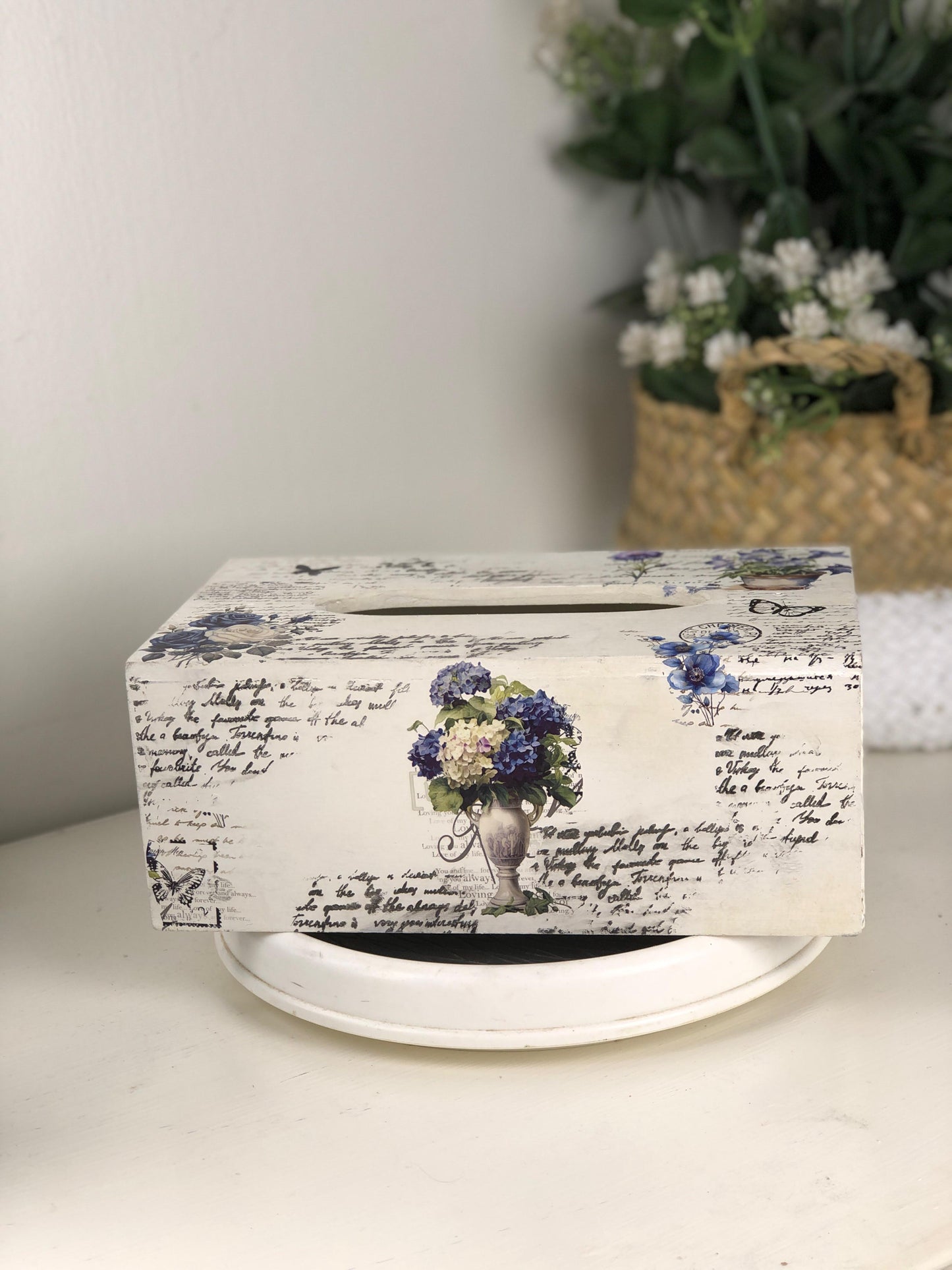 French Vintage Script Tissue Box  - Dusty Blue Floral Decoupage