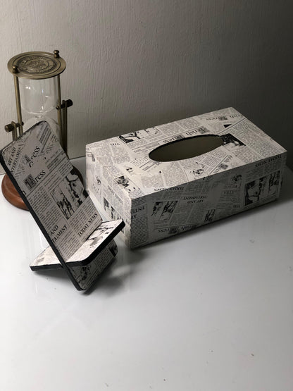 Hand-Painted Wooden Tissue Box - Vintage Newspaper Print Set