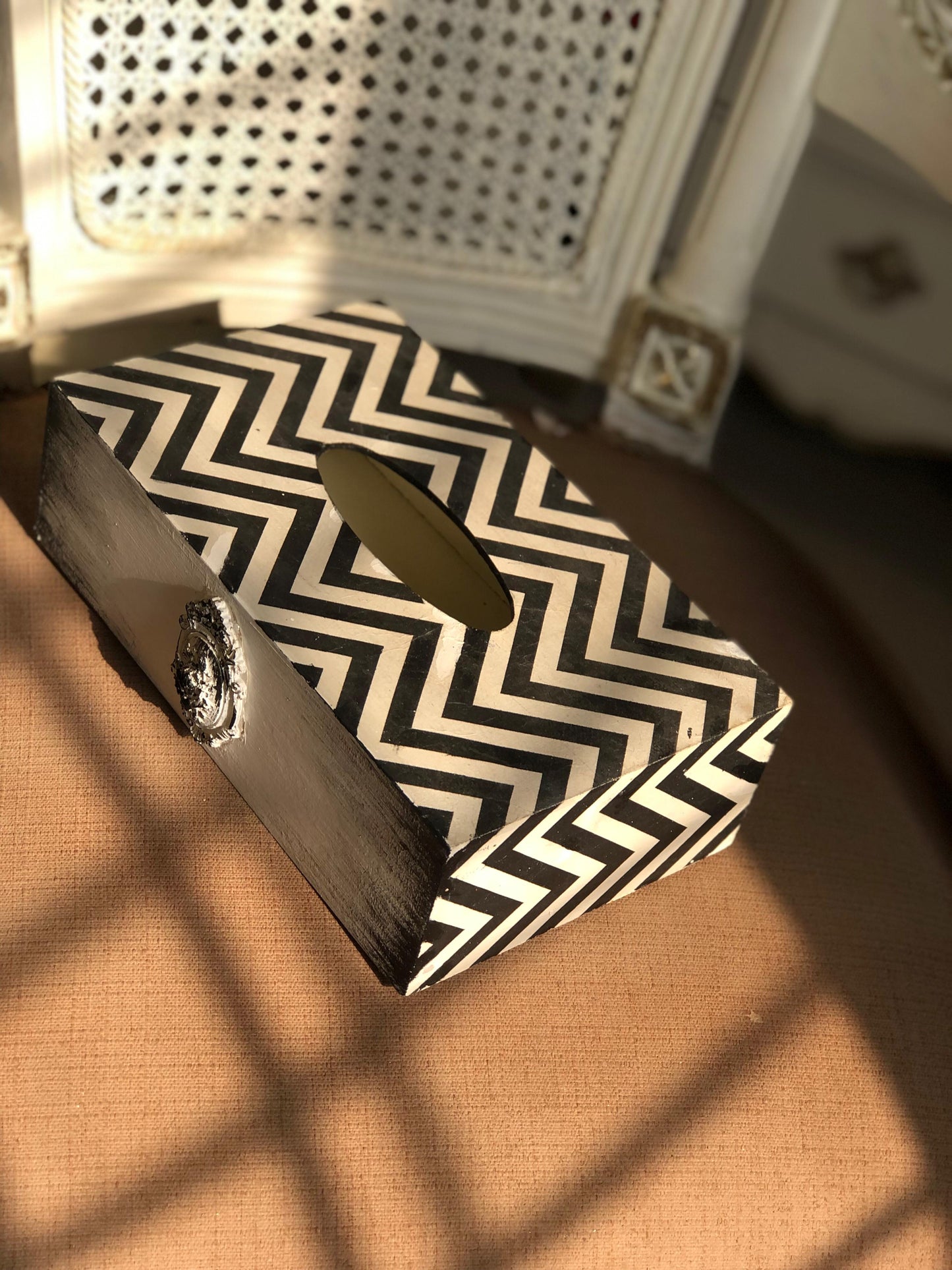 Hand-Painted Wooden Tissue Box - Modern Chevron & Medallion