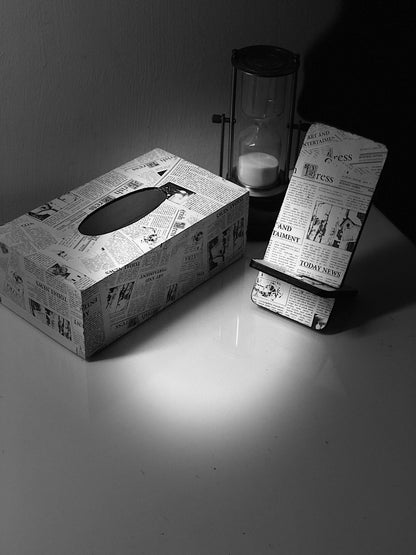 Hand-Painted Wooden Tissue Box - Vintage Newspaper Print Set