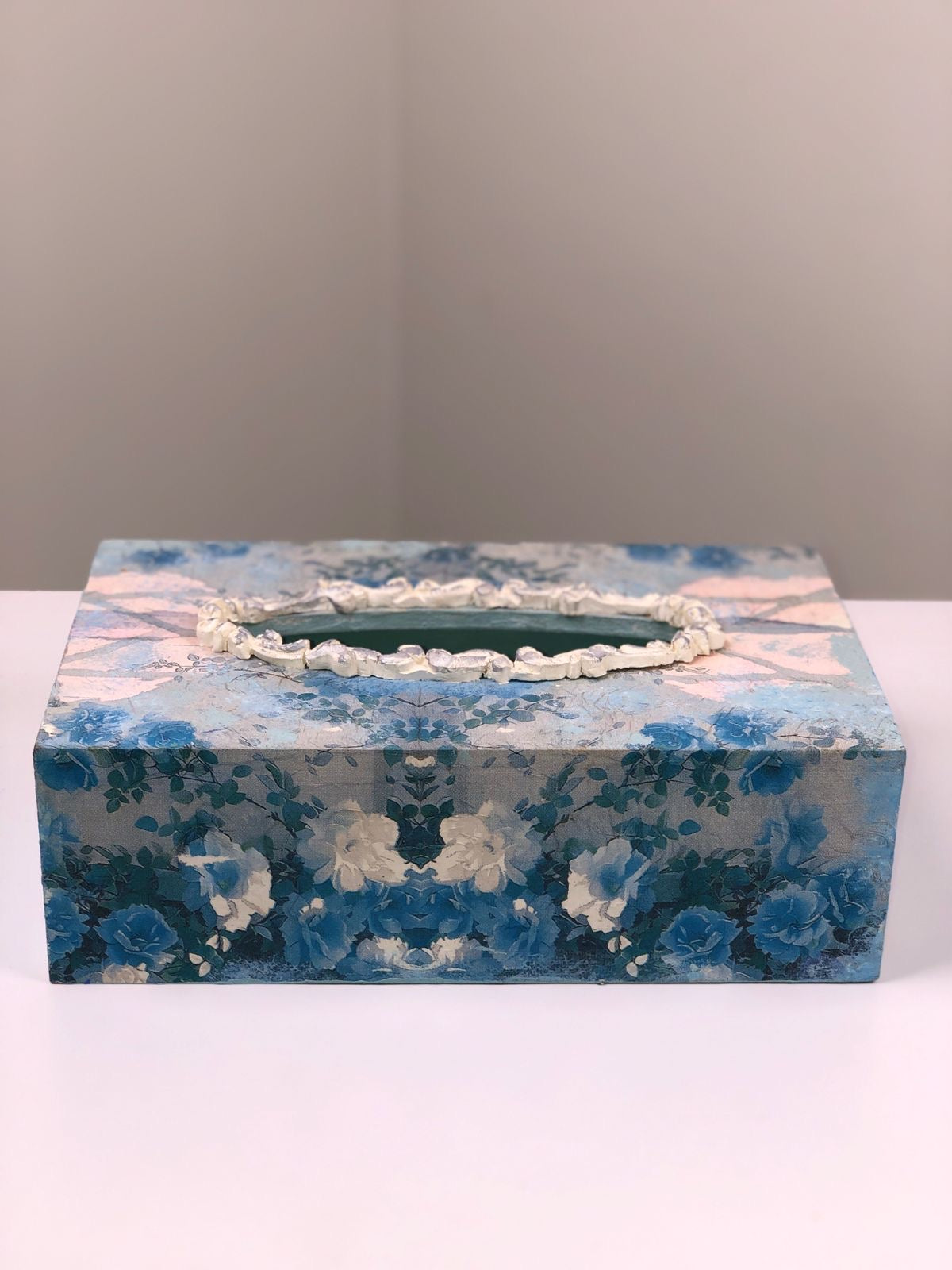Hand-Painted Wooden Tissue Box - Distressed Blue Floral