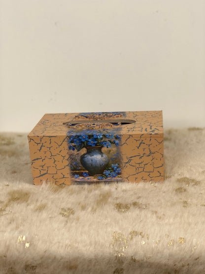 Hand-Painted Wooden Tissue Box - Crackle Finish Blue Decoupage