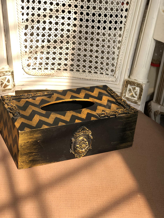 Hand-Painted Wooden Tissue Box - Golden Zigzag Ornate Frame
