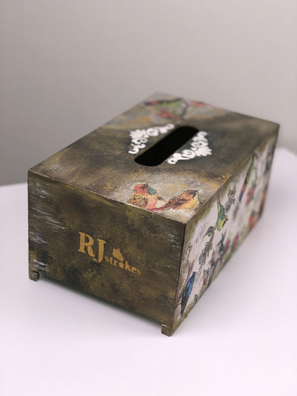 Hand-Painted Wooden Tissue Box - Rustic Bird Garden