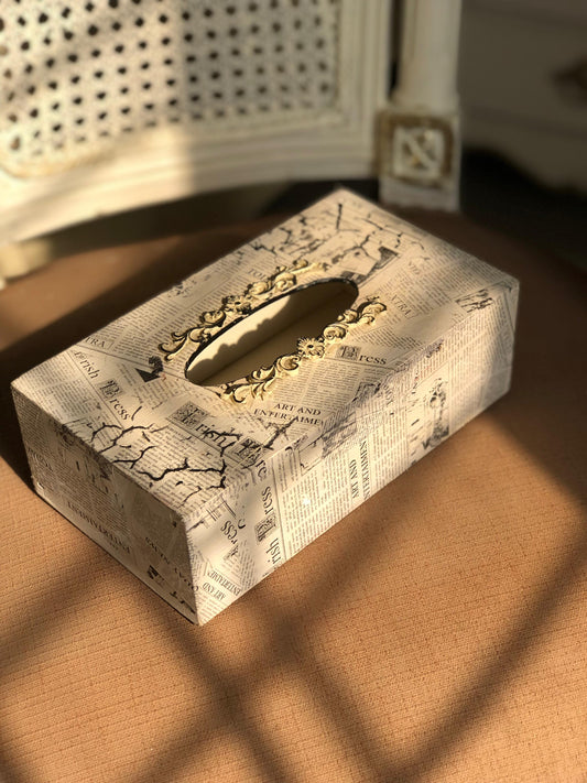 Hand-Painted Wooden Tissue Box - Vintage Newspaper Gold Trim