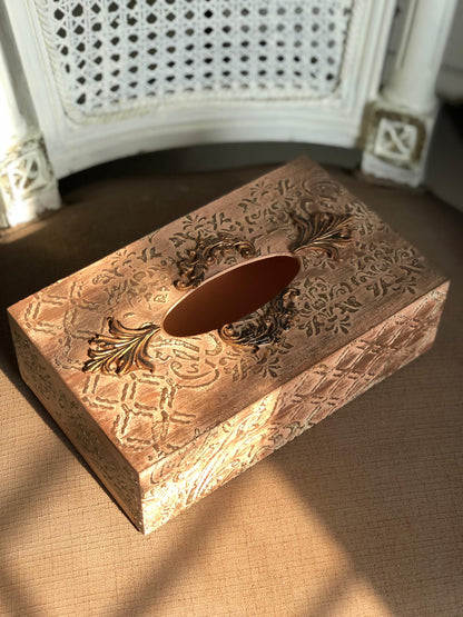 Hand-Painted Wooden Tissue Box - Embossed Copper Filigree