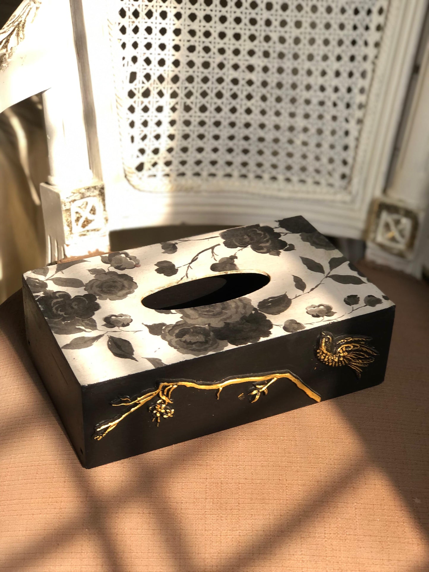 Hand-Painted Wooden Tissue Box | Goth Black & White Rose and Gold Bird