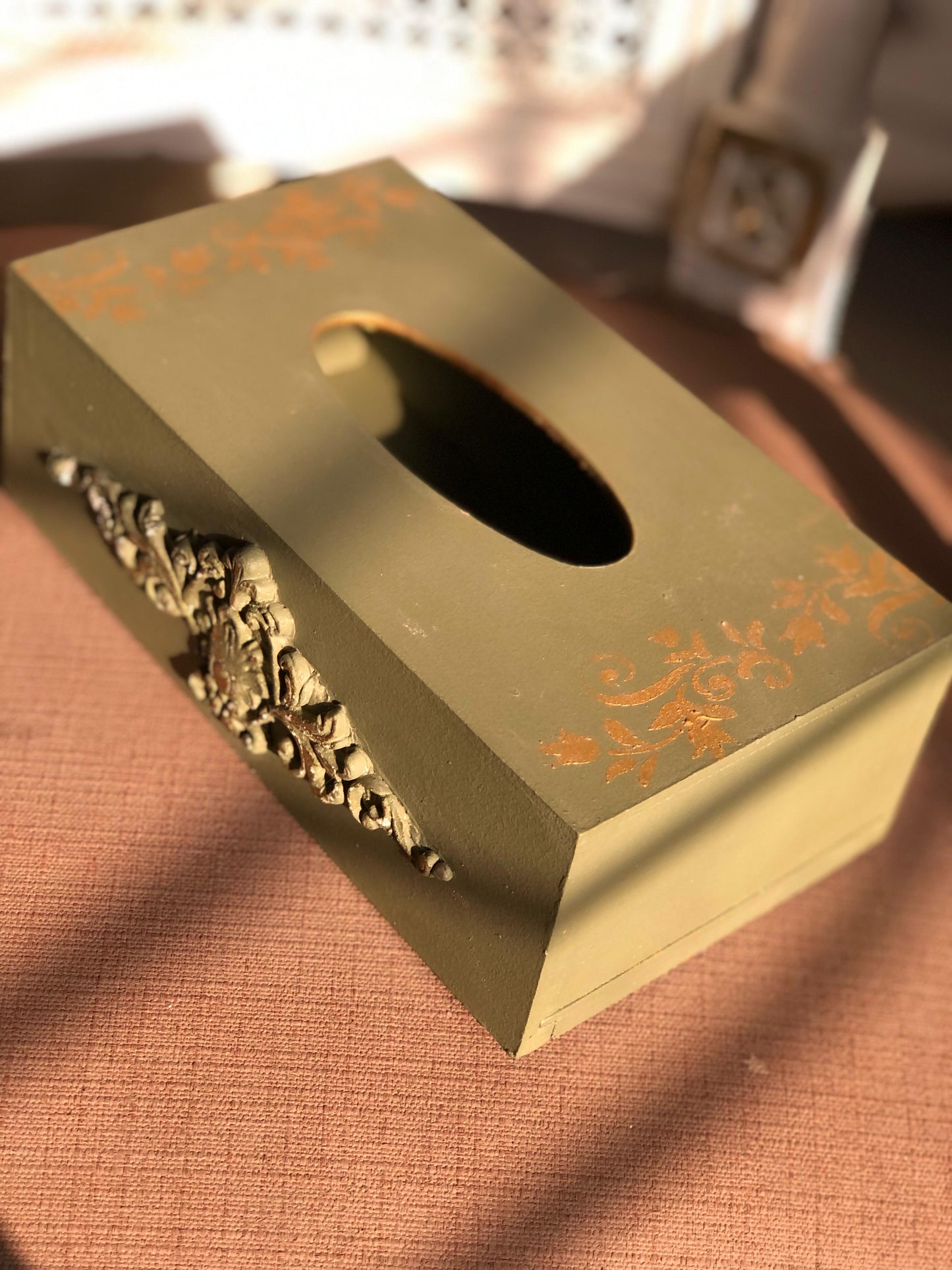 Hand-Painted Wooden Tissue Box | Rustic Olive Green & Gold Decor